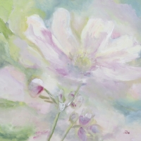 Blumenbild, Acryl auf Leinwand, Helle große Blüte in Pastelltönen, helle Farben, Weiß, Hellgrün, Rosa, Flieder, Format: 80 x 80 cm