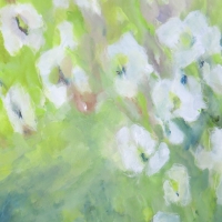 Blumenbild, Acryl auf Leinwand, Blüten in Pastelltönen, helle Farben, Weiß, Hellgrün, Blau, Format: 80 x 80 cm