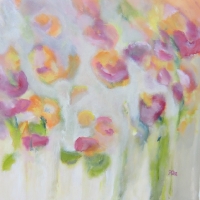 Blumenbild, Acryl auf Leinwand, Sommer, Garten, Gartenblumen, helle Farben, Grün, Rot, Pink, Weiß, Orange Format: 80 x 80 cm 