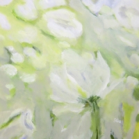 Blumenbild, Acryl auf Leinwand, Weiße Blüte, helle Farben, Weiß, Hellgrün, Format: 80 x 80 cm