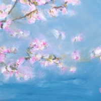 Blütenbild, Acryl auf Leinwand, Kirschblüten über dem Wasser, Blau, Rosa, Format: 70 x 50 cm