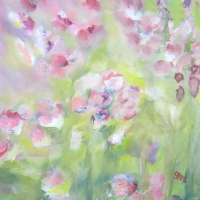 Leichtes Blumenbild, helle Farben, Rot, Rosa, Grün, Blau, klare Farben, Blumen im Wind, Format: 50 x 50 cm