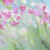 Leichtes Blumenbild, helle Farben, Rot, Rosa, Grün, Blau, klare Farben, Blumen im Wind, Format: 50 x 50 cm