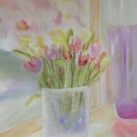 Blumenbild, Acryl auf Leinwand, Tulpen in der Vase , helle Farben, Pastelltöne Format: 120 x 80 cm 