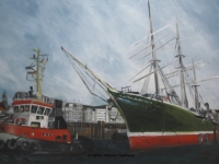 Acryl auf Leinwand, klare Farben, Hafen Hamburg, Rickmer Rickmers mit Schlepper, Format: 100 x 70 cm