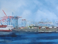 Acryl auf Leinwand, Hamburger Hafen, Docks von Hamburg, Hafenkräne, Format 120 x 60 cm, VERKAUFT
