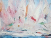 Acryl auf Leinwand, Abstraktes Segelbild mit sichtbaren Linien, Weiße Boote mit großen Segeln, Format 120 x 60 cm