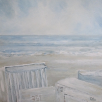 Wandbild mit Acrylfarben, Nordsee, klare Farben, Wellen, Meer, Strand, Strandkörbe, Am Strand, 80 x 80 cm-2015-1