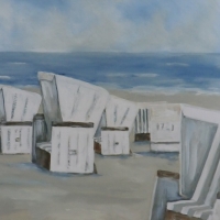 Strandkörbe am Morgen, Acrylbild, frische klare Farben, weiß-grau-blau Format: 100 x 70 cm, IM ONLINE SHOP