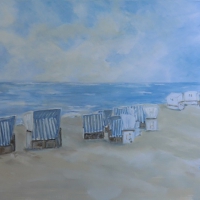 Acrylbild, Original Acryl auf Leinwand, Weiße Strandkörbe, Meer, Strand, 100 x 70 cm, VERKAUFT
