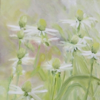 Blumenbild, Acryl auf Leinwand, Weiße Blüten, helle Farben, Weiß, Hellgrün, Format: 80 x 80 cm