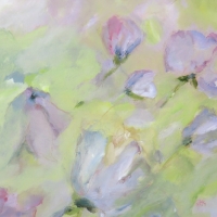 Blumenbild, Acryl auf Leinwand, Blüten in Pastelltönen, helle Farben, Weiß, Hellgrün,  Rosa, Flieder, Format: 80 x 80 cm