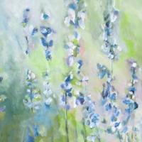 Blumenbild, Acryl auf Leinwand, Blüten in Pastelltönen, Rittersporn, helle Farben, Weiß, Hellgrün, Blau, Format: 80 x 80 cm