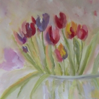 Blumenbild, Acryl auf Leinwand, Tulpen in der Vase, helle Farben, Pastelltöne Format: 120 x 80 cm 