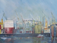 Acryl auf Leinwand, Hamburger Hafen, Docks, Schiffe im Hafen, Format 100 x 80 cm VERKAUFT