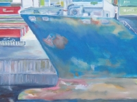 Acryl auf Leinwand, Hafenmotiv, Hamburger Hafen, Schiff im Dock, Schiffsbug, Format 80 x 80 cm