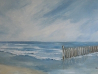 Brandung, Meer, Hölzer, Strand, Wellen und Himmel, klare Farben, Blautöne, Format: 150 x 100 cm, VERKAUFT