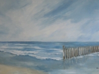 Brandung, Meer, Hölzer, Strand, Wellen und Himmel, klare Farben, Blautöne, Format: 150 x 100 cm, VERKAUFT