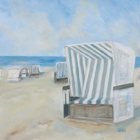 Als Druck erhältlich, limitiert, Acrylbild, verschiedene Formate, Weiße Strandkörbe mit Streifen, Dünenlandschaft, Nordsee, Meer, Wasser, Sand, helle Farben