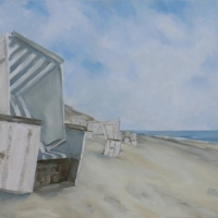 Wandbild, Acrylbild, Sommertag, großer Strandkorb am Meer, klare Farben, Format 100 x 70 cm, im Strandhaus in St.Peter-Ording