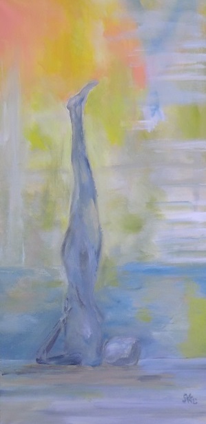 Acrylbild, Yoga Asana Schulterstand, Klare sommerliche Farben, Graue Figur, Format: 50 x 100 cm, AUFTRAGSARBEIT VERKAUFT
